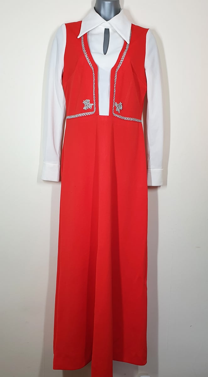 Vintage Red & White 1970's Faux Bolero Polyester Maxi Dress 