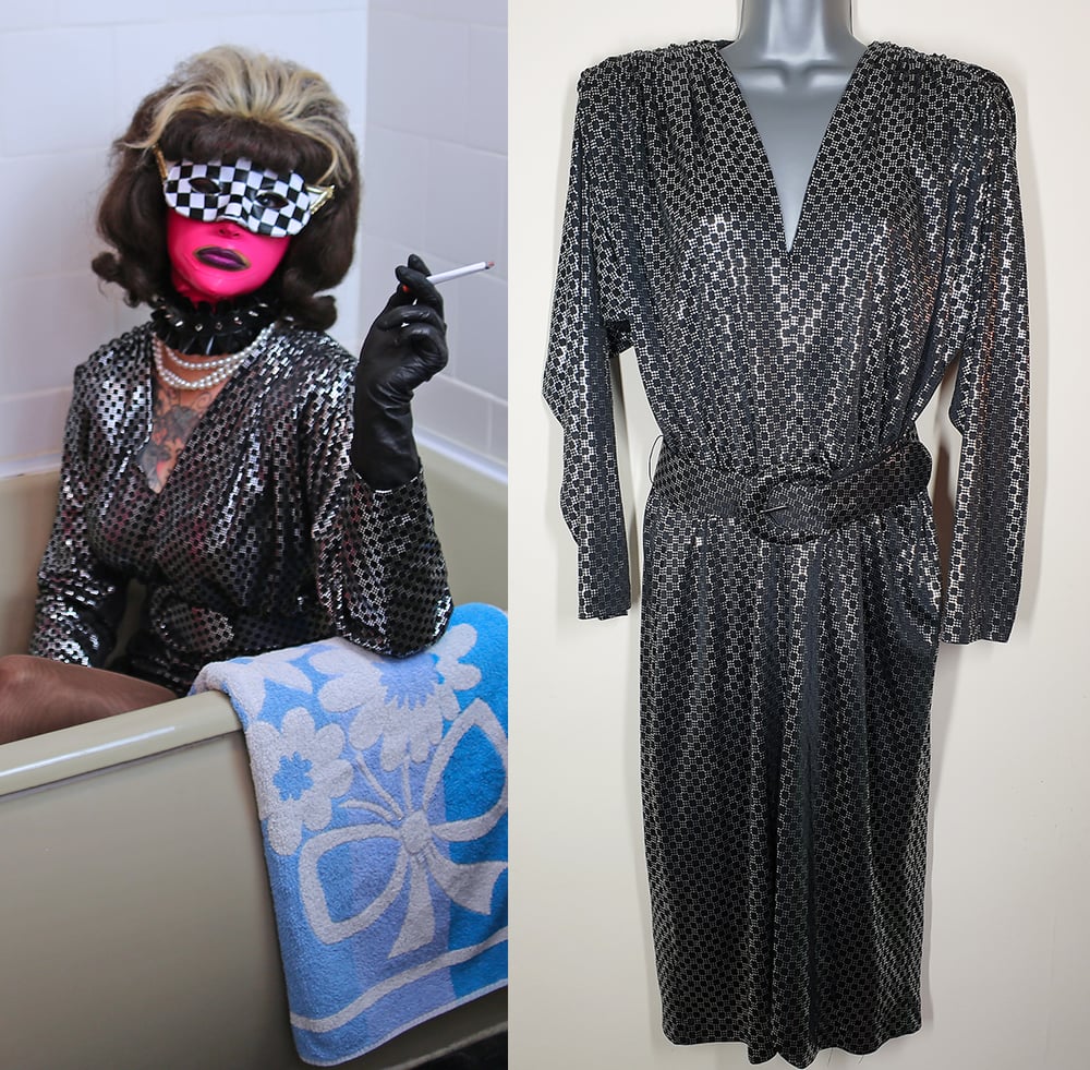 Vintage 1980's Silver & Black Disco Print Dress With Belt & Shoulder Pads