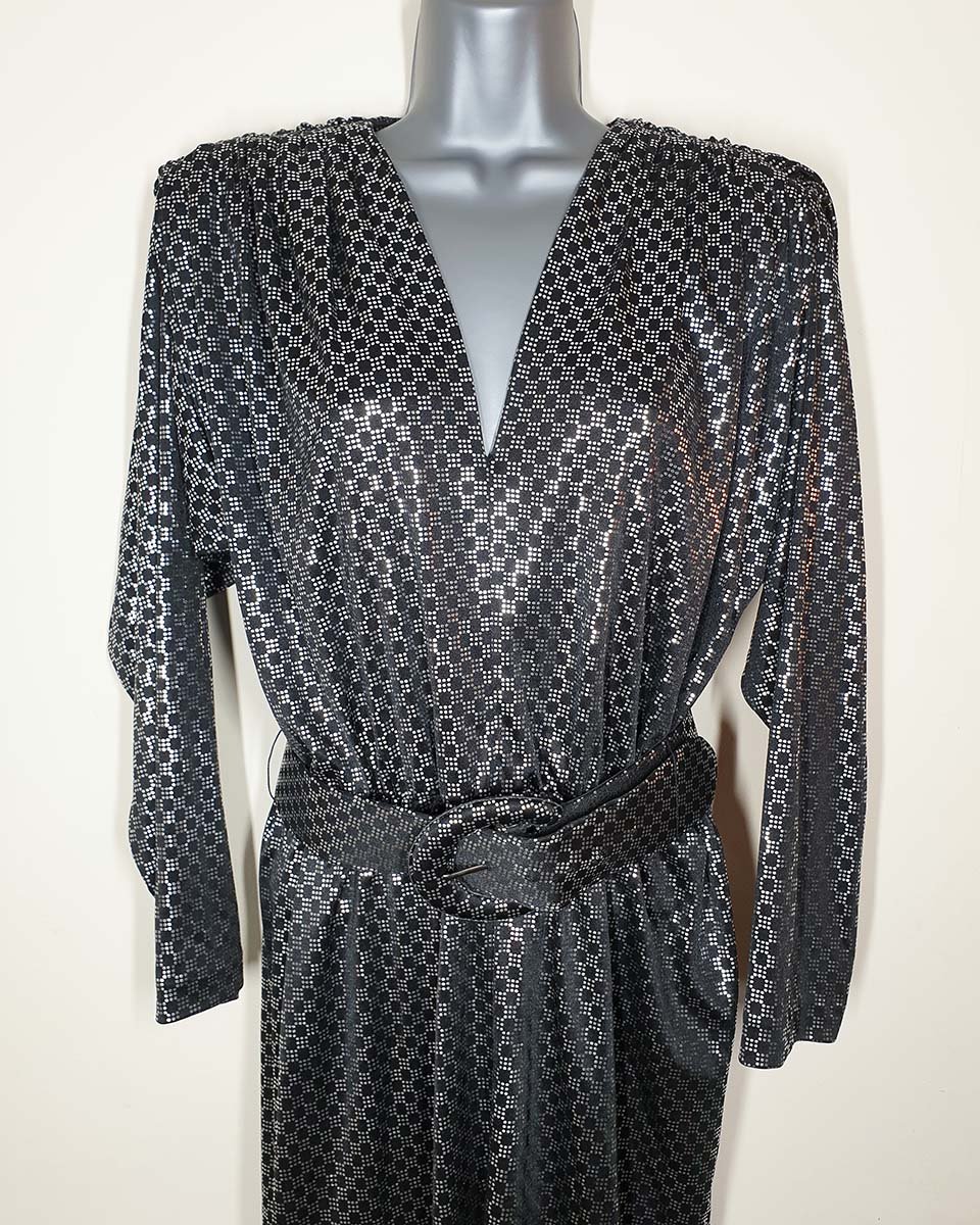 Vintage 1980's Silver & Black Disco Print Dress With Belt & Shoulder Pads