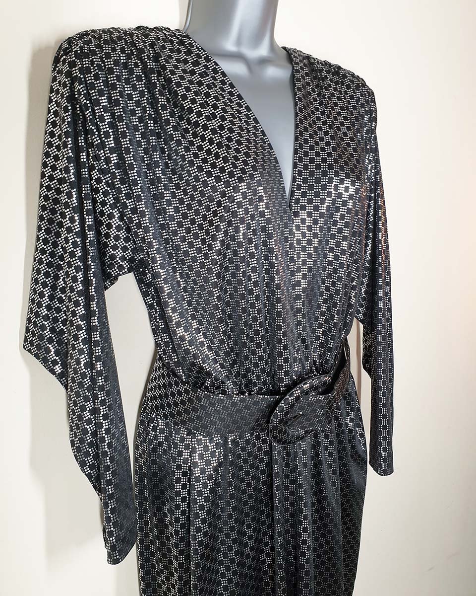 Vintage 1980's Silver & Black Disco Print Dress With Belt & Shoulder Pads