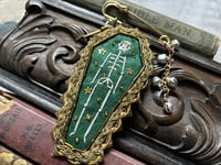 Image 1 of Green Skeleton Pin Brooch with Bells & Arrow Charm BROOCH