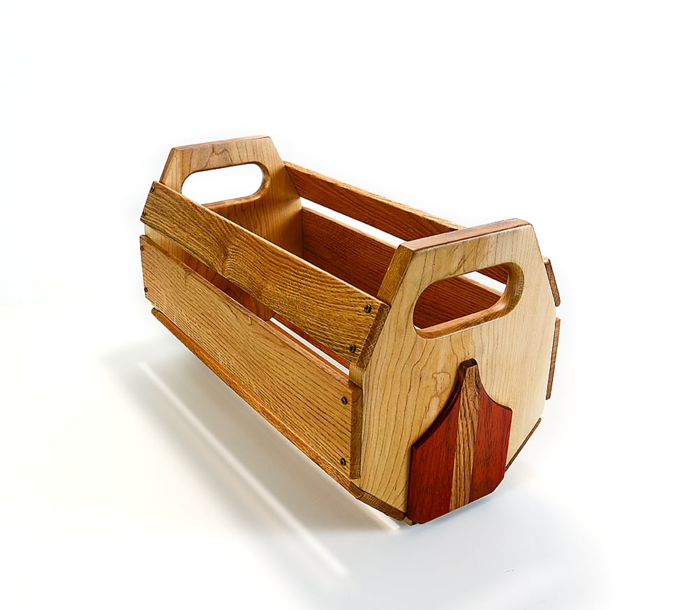 Image of Oak Maple Padauk Wooden Basket Centerpiece, Handmade Rustic Decor, Wood Farmhouse Table Decor