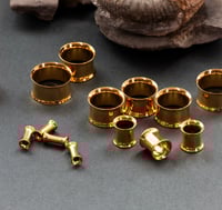 Image 2 of Gold Double Flare Tunnels - Plugs - Stainless Steel 316L - Metal - Stretched Ears - PVD plated