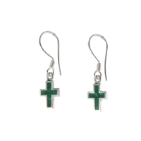 Image 1 of  Sterling Silver 925  Dainty Green Malachite Cross Handmade Dangle Earrings