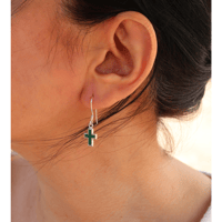 Image 3 of  Sterling Silver 925  Dainty Green Malachite Cross Handmade Dangle Earrings