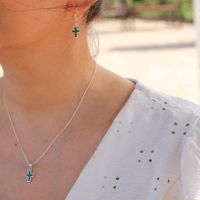 Image 4 of  Sterling Silver 925  Dainty Green Malachite Cross Handmade Dangle Earrings