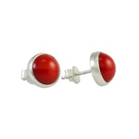 Image 1 of 9.8mm Round Natural Coral Stud Earrings | Sterling Silver 925 Tiny Red Stone Handmade Earrings