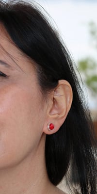 Image 3 of 9.8mm Round Natural Coral Stud Earrings | Sterling Silver 925 Tiny Red Stone Handmade Earrings