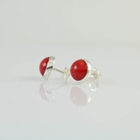 Image 5 of 9.8mm Round Natural Coral Stud Earrings | Sterling Silver 925 Tiny Red Stone Handmade Earrings