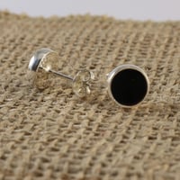 Image 4 of Round Flat Black Onyx 9mm Stone Stud Earrings I Sterling Silver 925 Handmade Earrings for Women Men