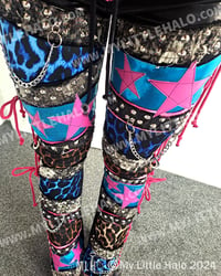 Image 4 of #5 BLUE LEOPARD PINK STAR LACE UP BOOTCUTS 