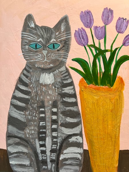 Image of Tommy with tulips. original painting