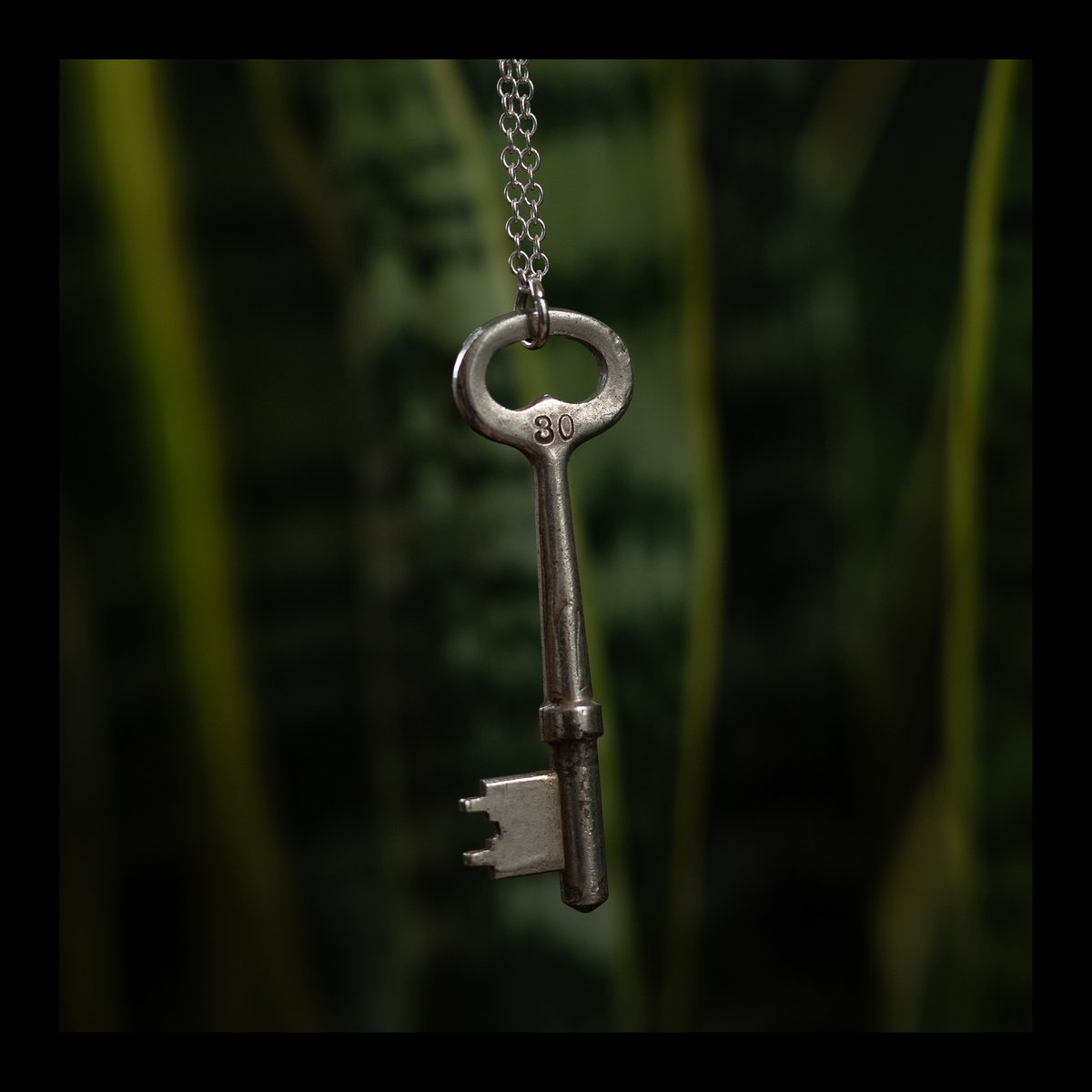 Large silver skeleton key necklace with #30
