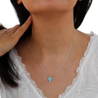 Image 3 of Handmade Blue Created Opal Cross Dainty Pendant with 925 Sterling Silver Chain 16+2 inches
