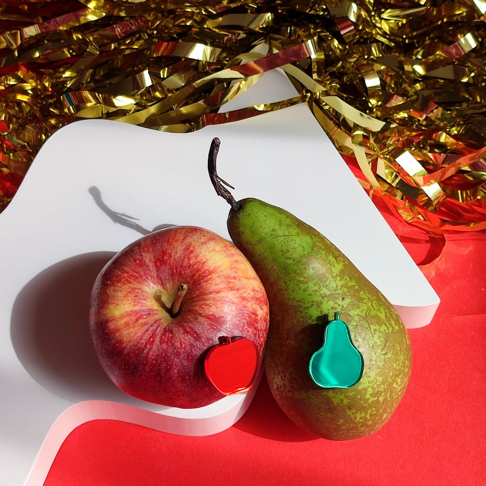 Image of Apple and Pear Acrylic Stud Earrings + Brooch