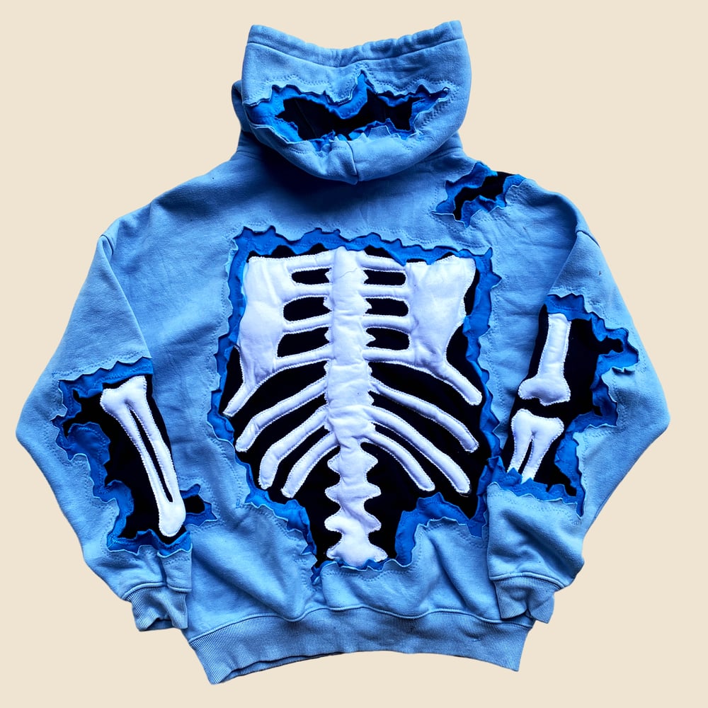 REWORKED NIKE CRACKED 3D PUFF SKELETON BLUE HOODIE L