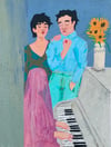 Szomorú férfi almával, nővel és letakart pucér zongoristával