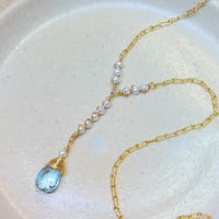 Image 1 of GOLD BLUE TOPAZ AND PEARL "Y" NECKLACE