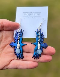 Image 1 of Aquamarine Raven Earrings (with Pearls, and Silver Dipped Lava Stone) 