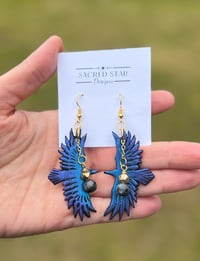 Image 1 of Labradorite Raven Earrings (with Gold Dipped Lava Stone) 
