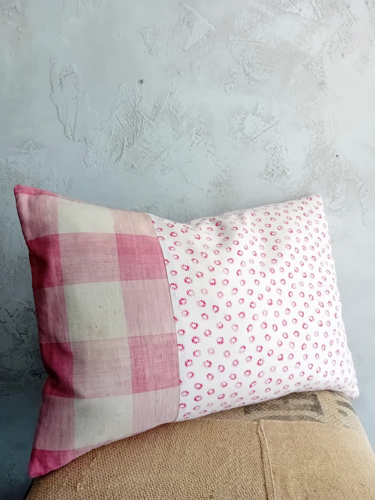 Image of Handmade Vichy Check & Ditsy Floral Cotton Pillow Cushion Reds & Pinks