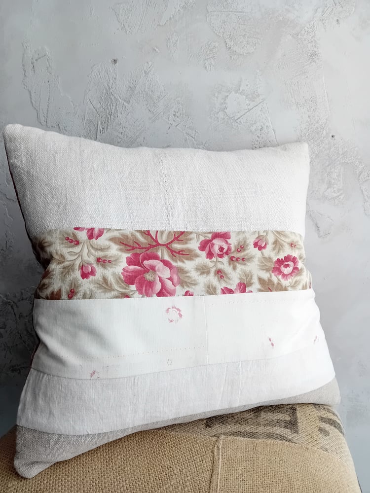 Image of Handmade French Floral Gingham Grain Sacking Patchwork Cushion