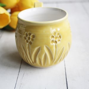 Image of Hand Carved Cheerful Yellow and White Stoneware Mug, 14 Ounce, Spring Flowers Mug, Made in USA