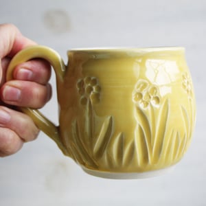 Image of Hand Carved Cheerful Yellow and White Stoneware Mug, 14 Ounce, Spring Flowers Mug, Made in USA