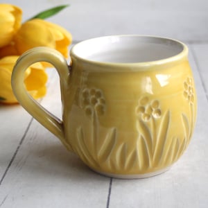 Image of Hand Carved Cheerful Yellow and White Stoneware Mug, 14 Ounce, Spring Flowers Mug, Made in USA