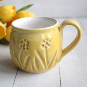 Image of Hand Carved Cheerful Yellow and White Stoneware Mug, 14 Ounce, Spring Flowers Mug, Made in USA