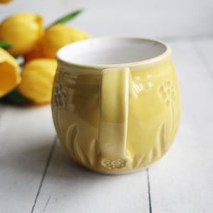 Image of Hand Carved Cheerful Yellow and White Stoneware Mug, 14 Ounce, Spring Flowers Mug, Made in USA