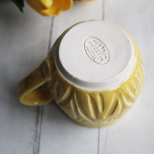 Image of Hand Carved Cheerful Yellow and White Stoneware Mug, 14 Ounce, Spring Flowers Mug, Made in USA