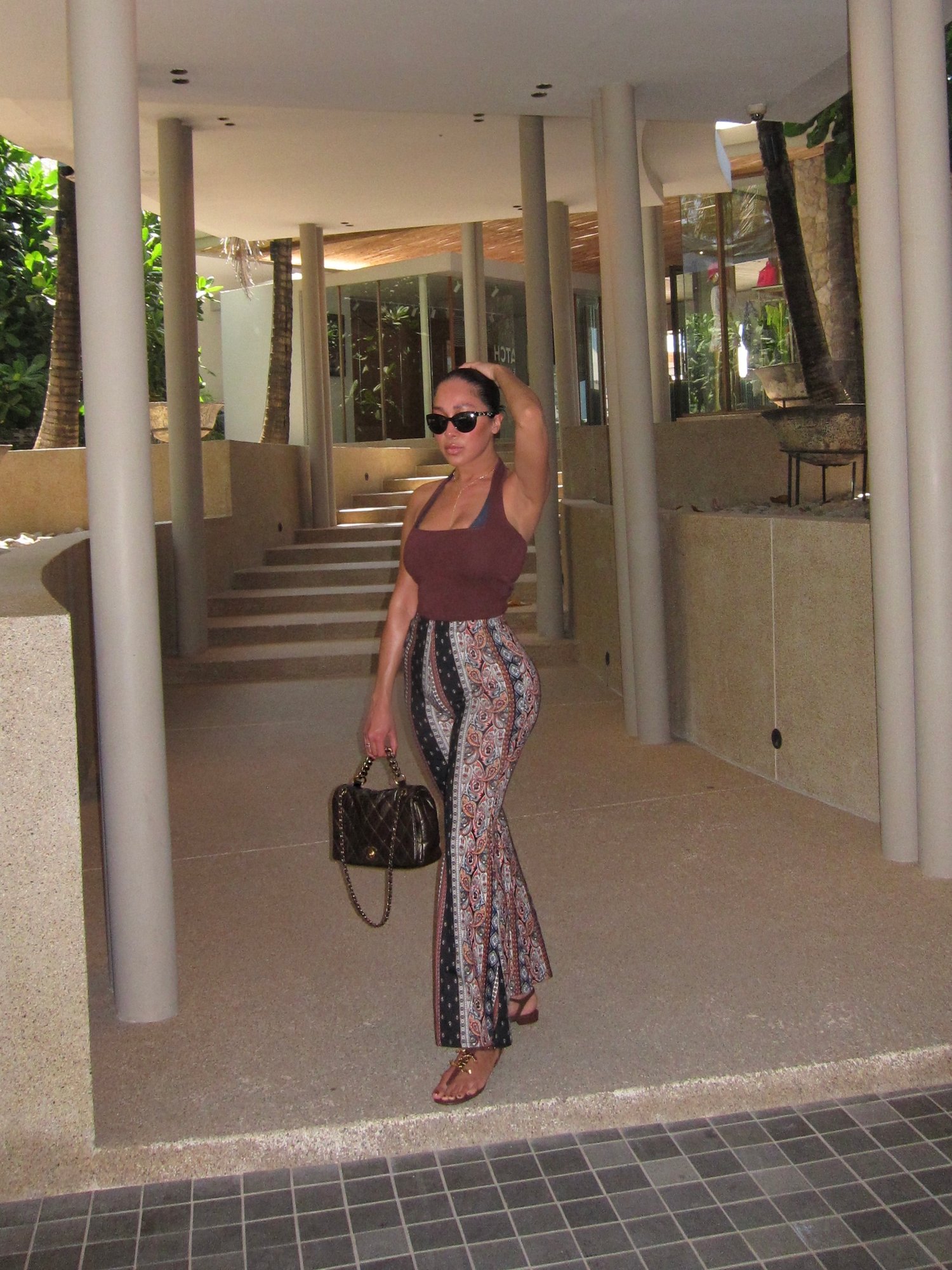 Image of NAVY PAISLEY PRINT FLARE PANTS (M)