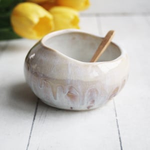 Image of Ceramic Salt Cellar in Rustic White and Ocher Dripping Glaze, Handcrafted Made in USA