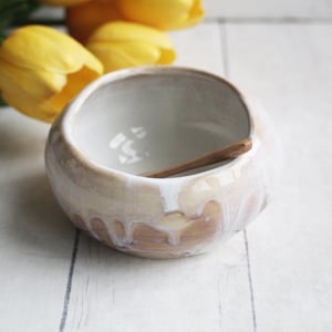 Image of Ceramic Salt Cellar in Rustic White and Ocher Dripping Glaze, Handcrafted Made in USA