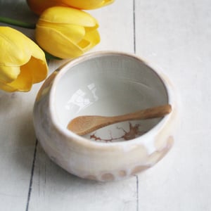 Image of Ceramic Salt Cellar in Rustic White and Ocher Dripping Glaze, Handcrafted Made in USA
