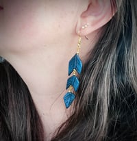 Image 4 of Blue or White Raven Feather Earrings (with gold dipped Hematite) 
