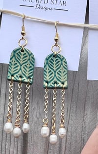 Image 1 of Green Window Earrings with Gold Design (and Pearls) 
