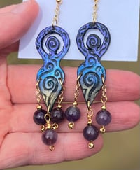 Image 1 of Purple and Blue Swirl Spiral Goddess Earrings (with Amethyst) 