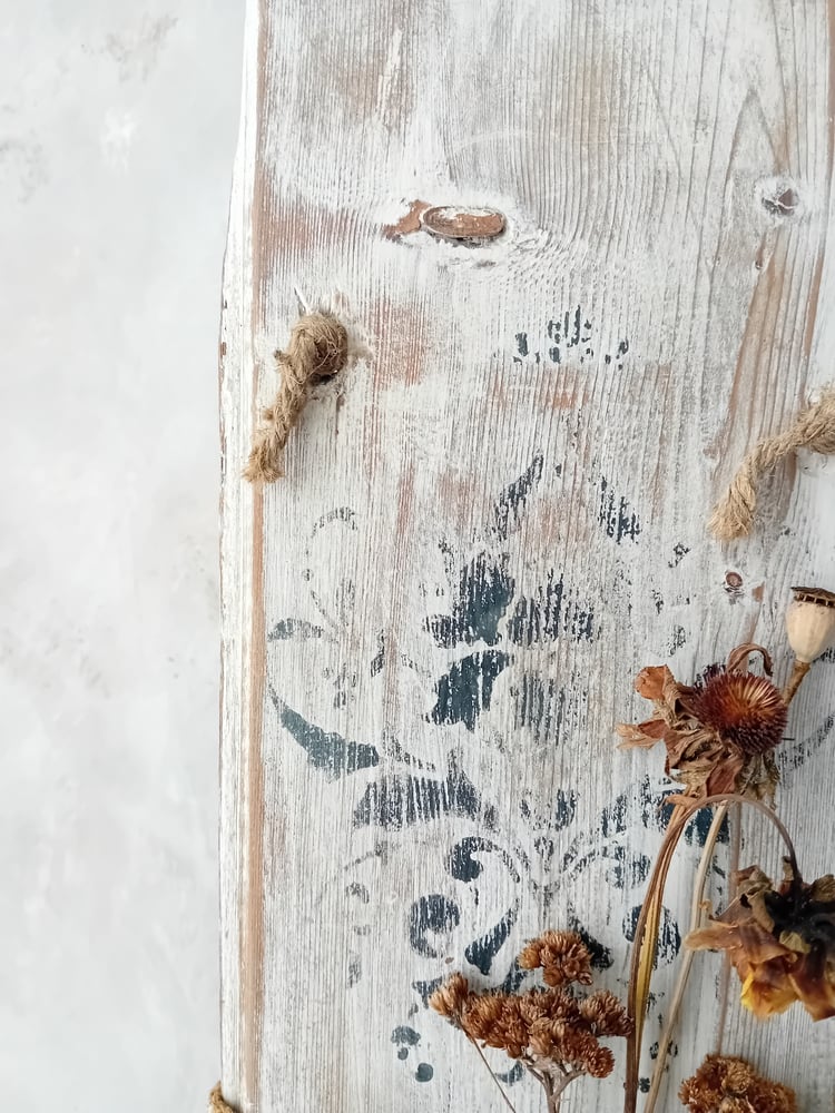 Image of Vintage White Painted Pine Board Hessian Pouch Wall Pocket Faded Floral Stencil