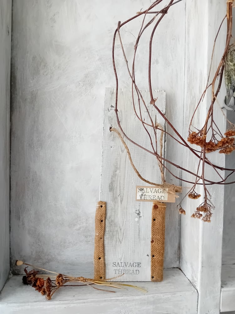 Image of Vintage White Painted Pine Board Hessian Pouch Wall Pocket Faded Floral Stencil