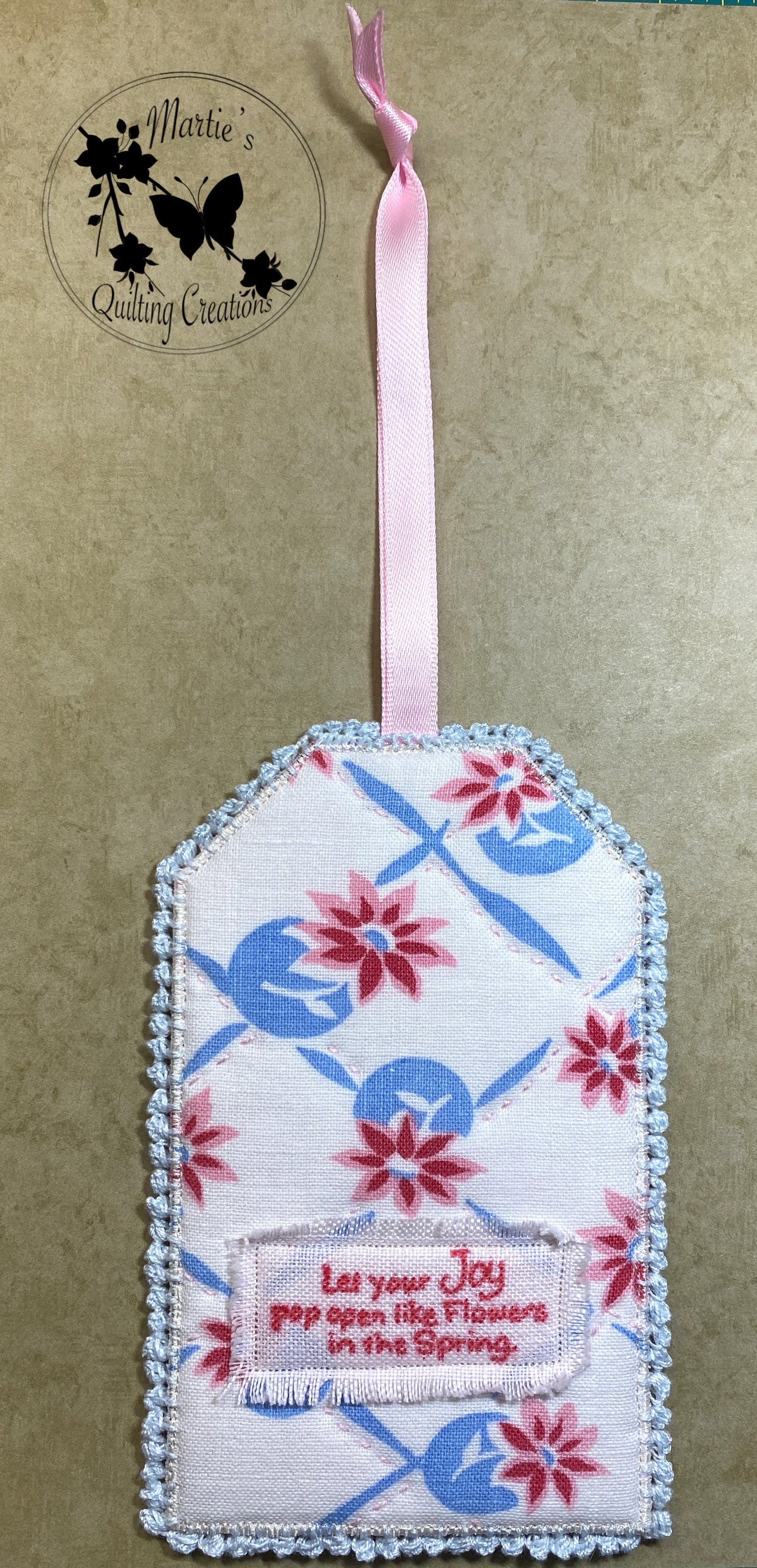 Image of Gift/ID/Ornament Tag- Custom Quilted Vintage Feedsack With Floral Embroidery