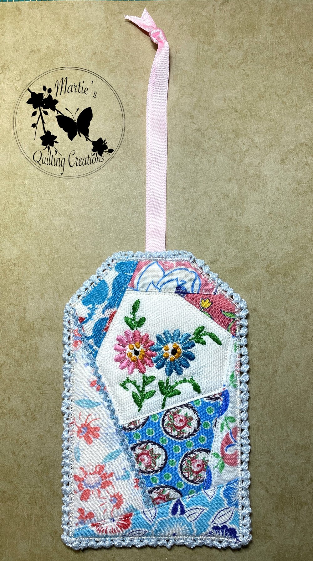 Image of Gift/ID/Ornament Tag- Custom Quilted Vintage Feedsack With Floral Embroidery