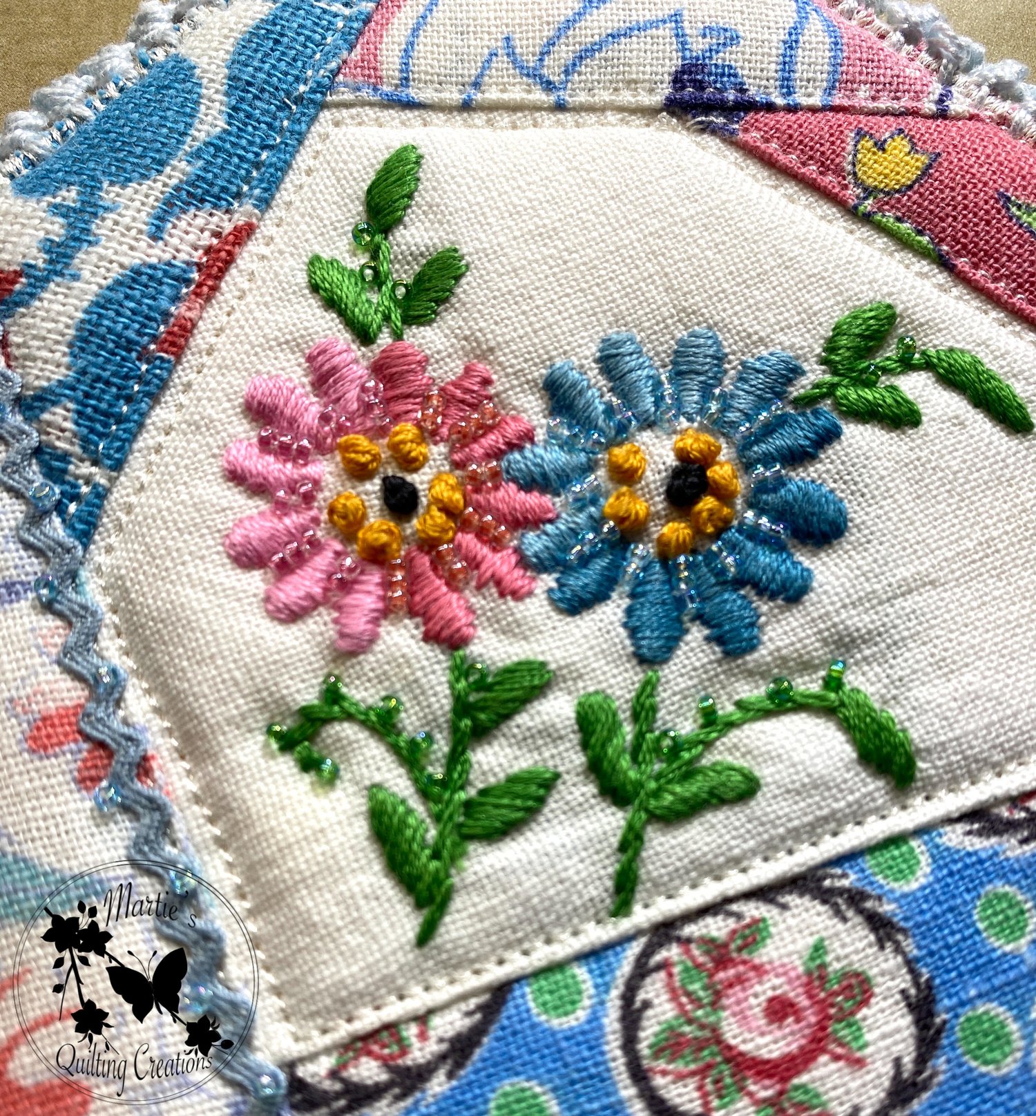 Image of Gift/ID/Ornament Tag- Custom Quilted Vintage Feedsack With Floral Embroidery