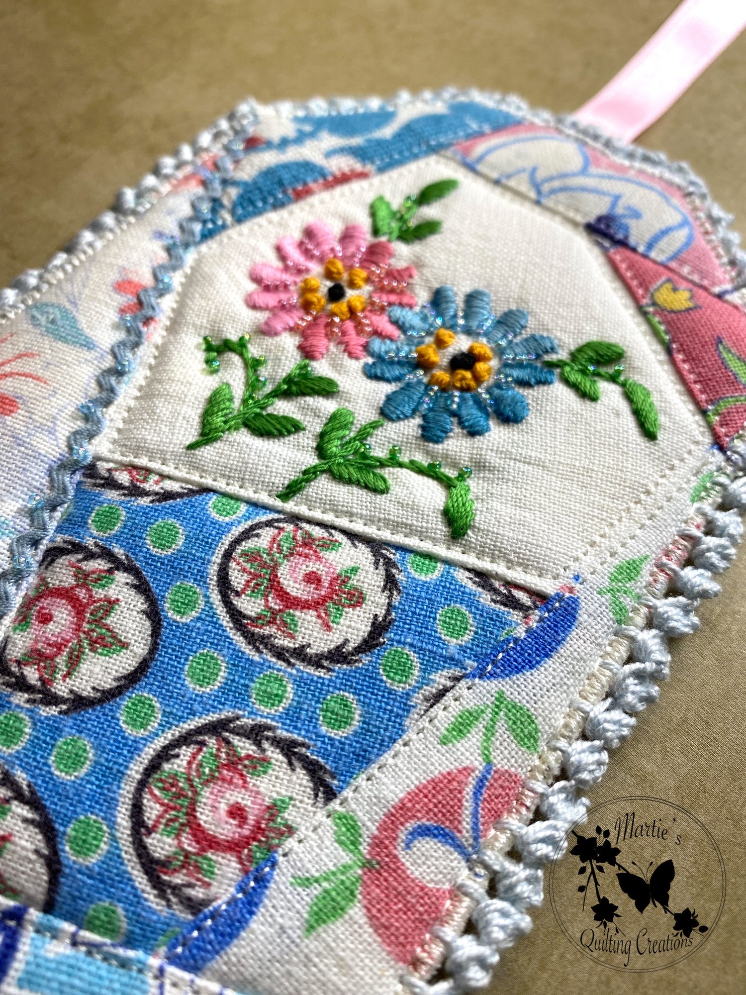 Image of Gift/ID/Ornament Tag- Custom Quilted Vintage Feedsack With Floral Embroidery