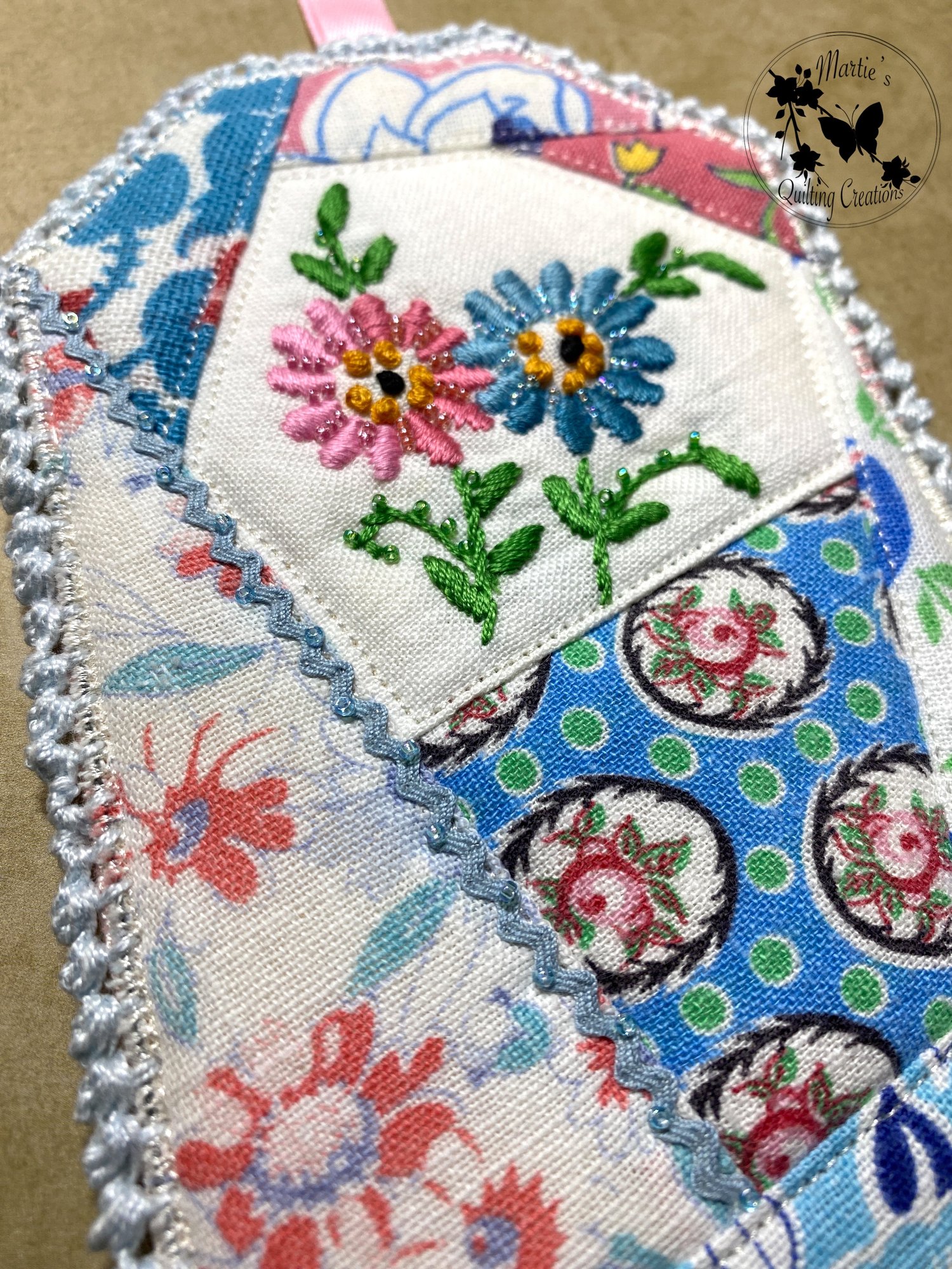 Image of Gift/ID/Ornament Tag- Custom Quilted Vintage Feedsack With Floral Embroidery