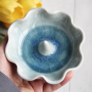 Image of Ring Holder in Sea Glass Crackle Blue Glaze Handcrafted Pottery Dish Made in USA