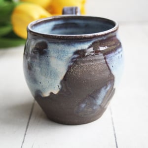 Image of Rustic Pottery Mug with Dripping White Glaze over Dark Brown Clay, Made in USA Ready to Ship