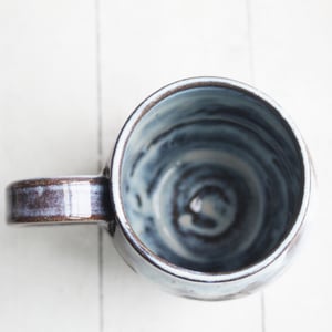 Image of Rustic Pottery Mug with Dripping White Glaze over Dark Brown Clay, Made in USA Ready to Ship