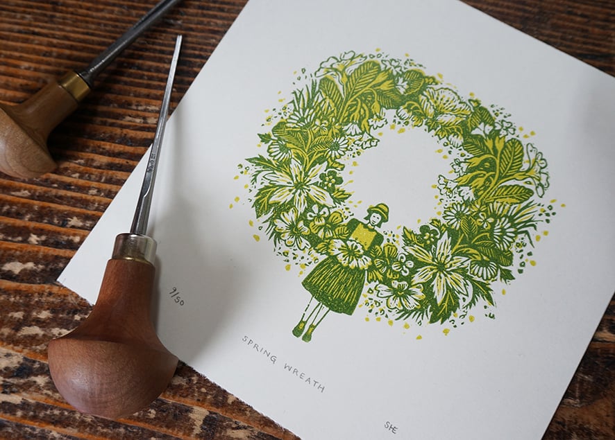 Image of Spring Wreath - Linocut